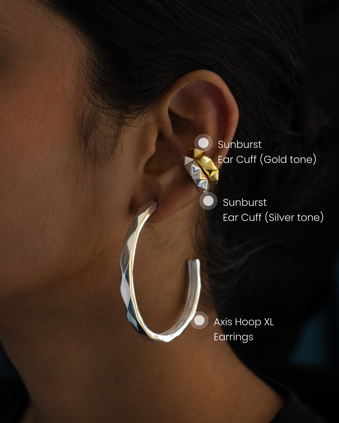 Axis Hoop XL + Sunburst Ear Cuff (Silver tone) + Sunburst Ear Cuff (Gold tone)