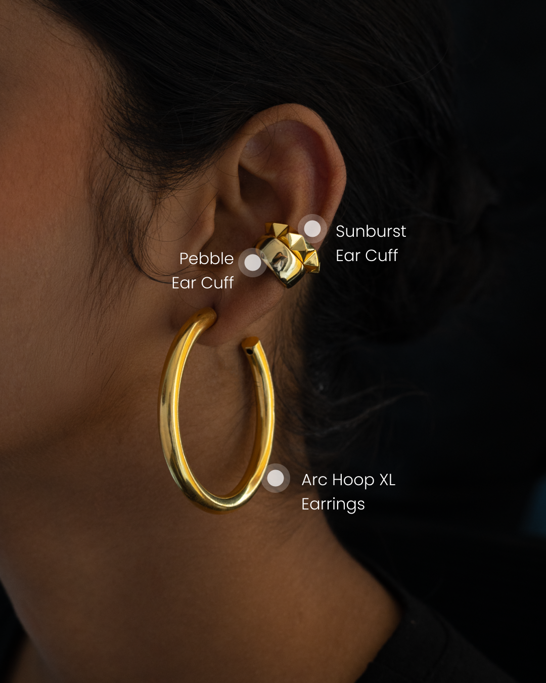 Arc Hoop XL + Sunburst Ear Cuff + Pebble Ear Cuff