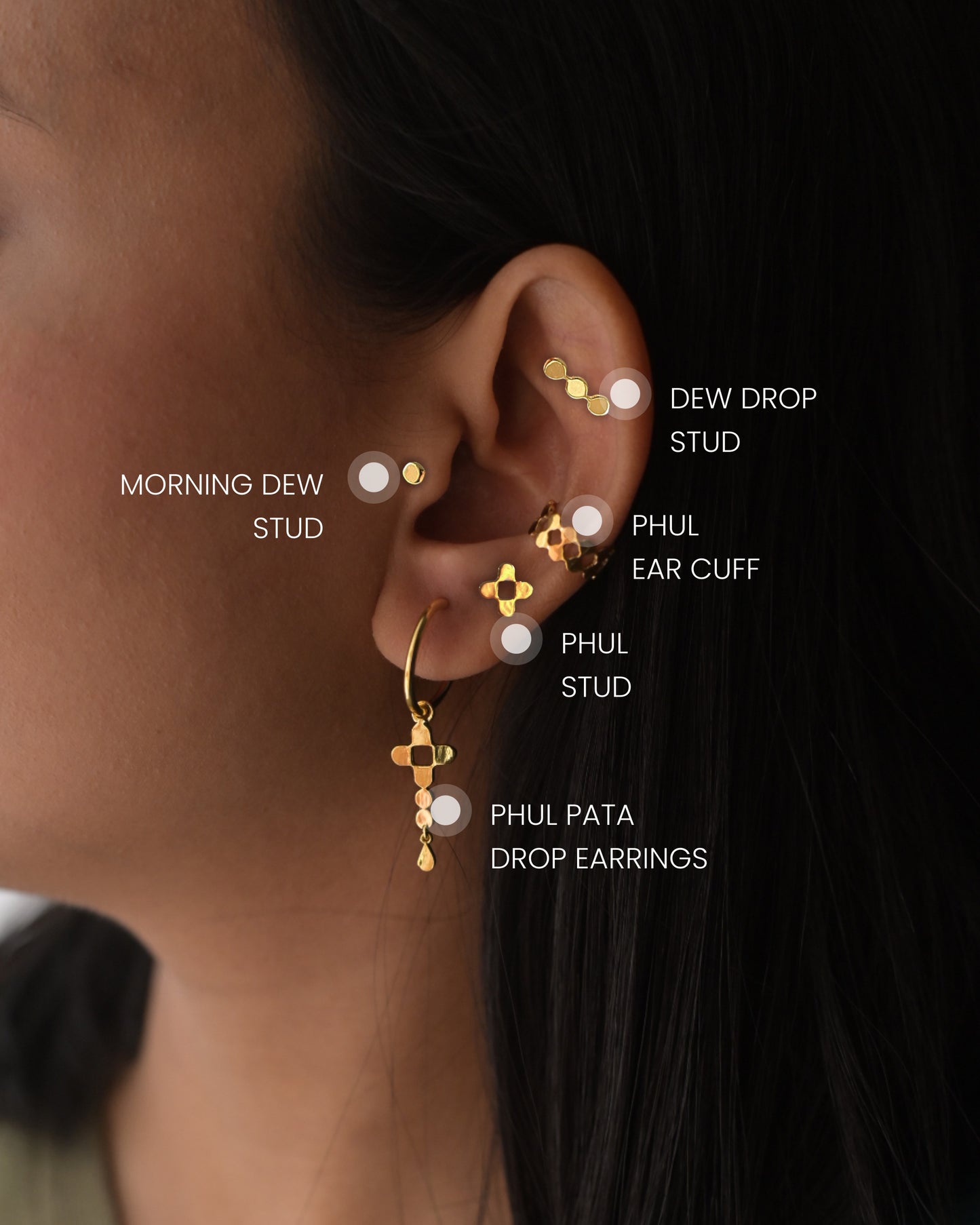 Phul Pata Drop Earrings + Phul Stud + Phul Ear Cuff + Dew Drop Stud + Morning Dew Stud