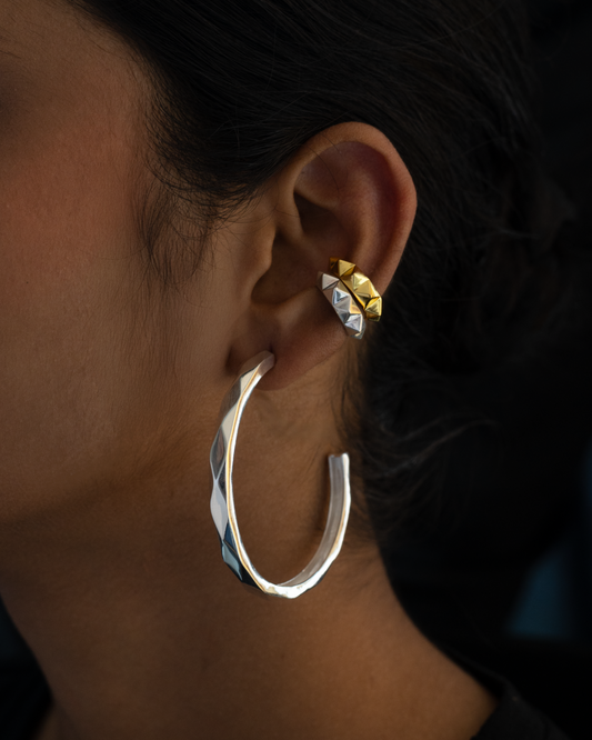 Axis Hoop XL + Sunburst  Ear Cuff (Silver tone) + Sunburst  Ear Cuff (Gold tone)