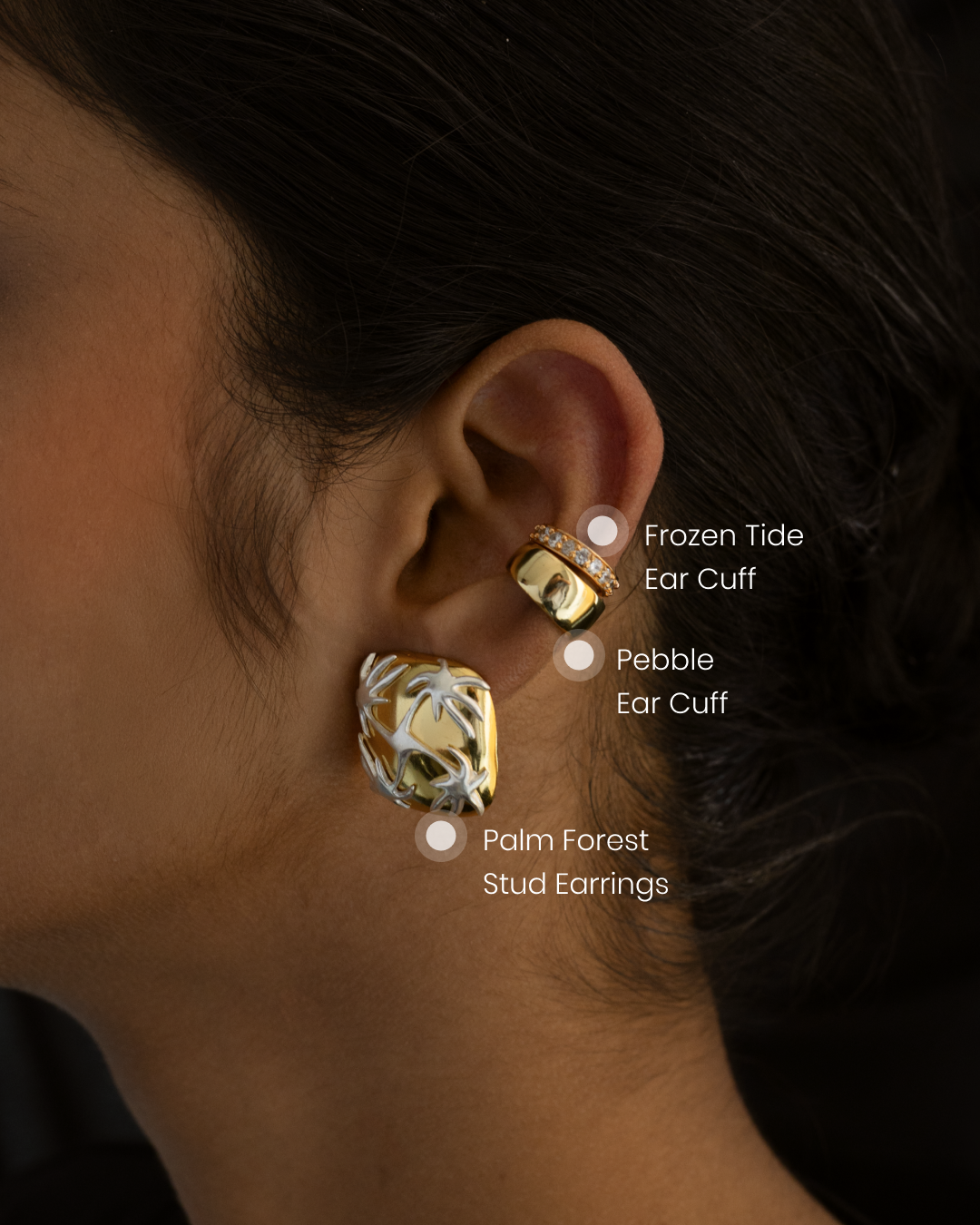 Palm Forest Stud + Pebble Ear Cuff + Frozen Tide Ear Cuff