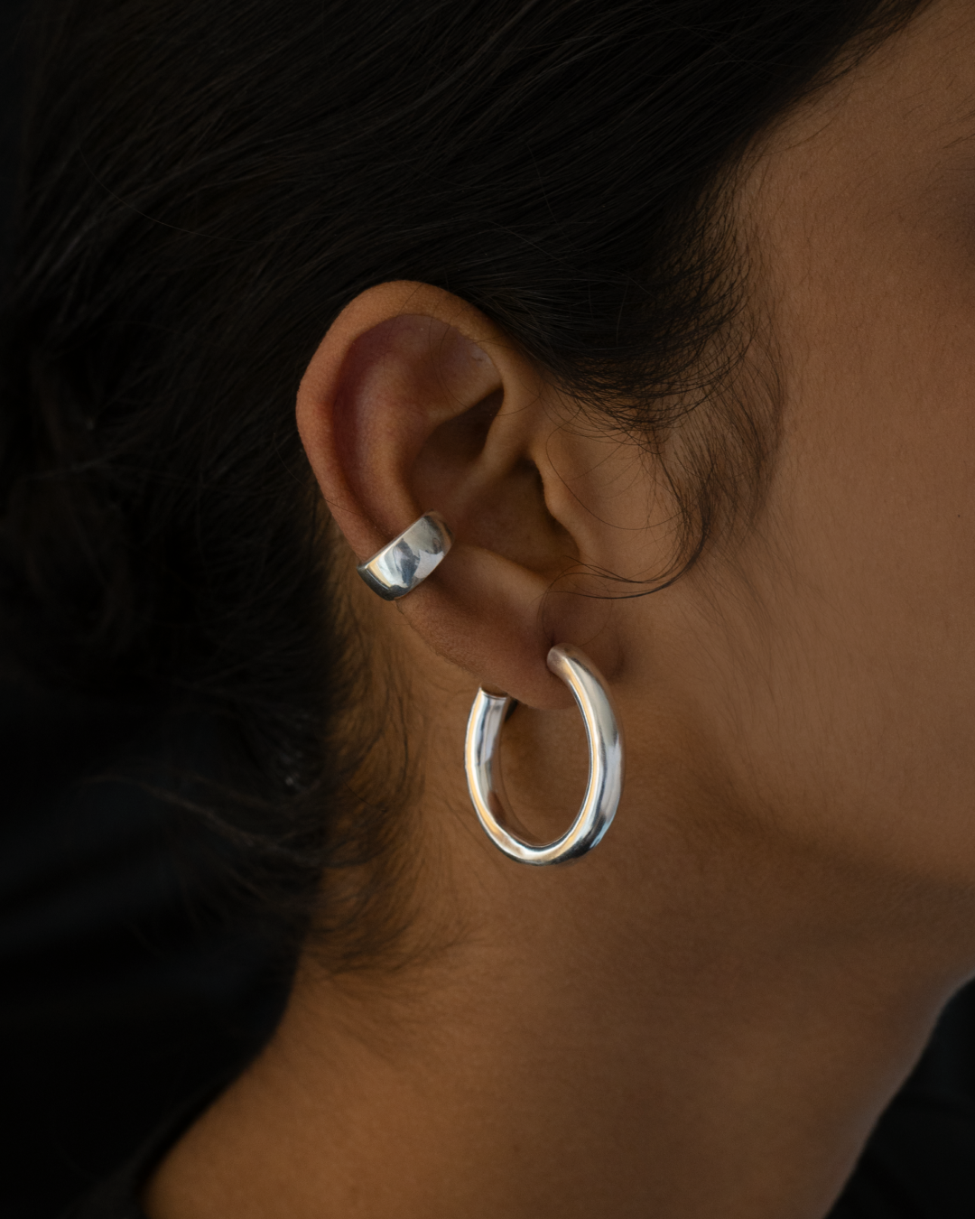 Silver plated styled earring combo with hoop earring and earcuff