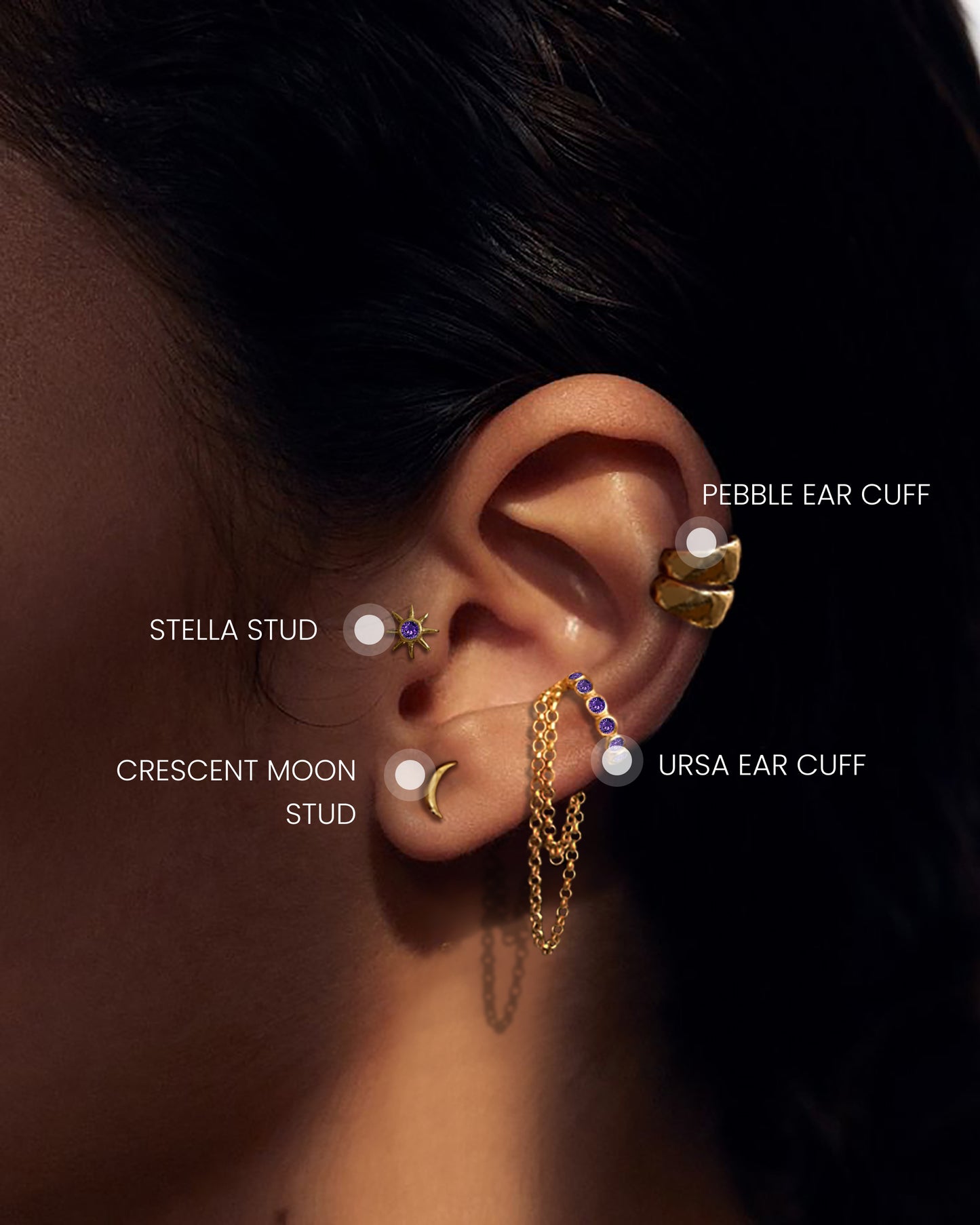 Crescent Moon Stud + Stella Stud + Pebble Ear Cuff + Ursa Ear Cuff