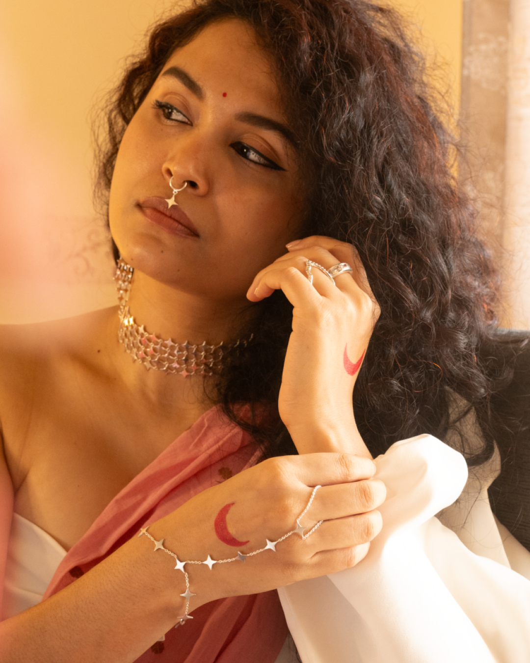 Indian contemporary fusion look for festive wearing era stories's silver plated jewellery.