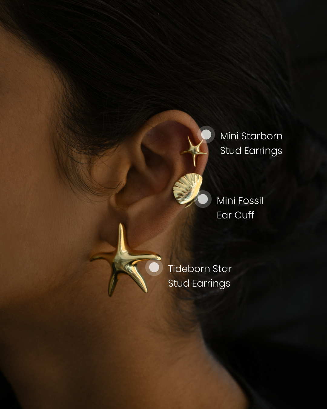 Tideborn star inspired earrings combo with mini fossil ear cuff